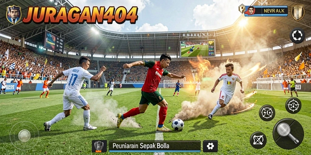 Gameplay seru JURAGAN404 dengan aksi sepak bola yang mendebarkan.