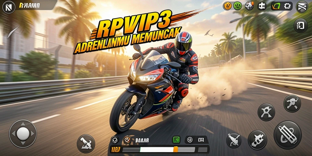 Screenshot gameplay RPVIP3 menampilkan akselerasi dan adu kecepatan dalam balapan motor.