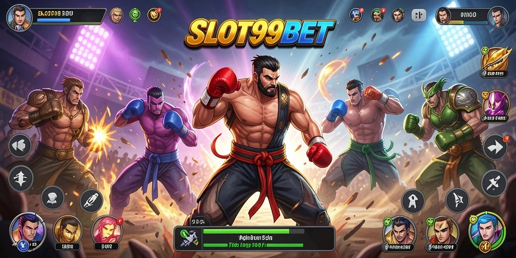 Tampilan gameplay seru dari SLOT99BET dengan karakter bertarung.